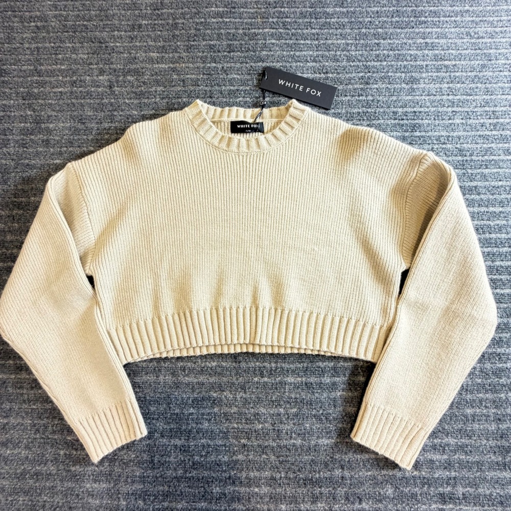 Women's White Fox Slouch Around Cropped Long Sleeve Chunky Ribbed Crew Neck S/M